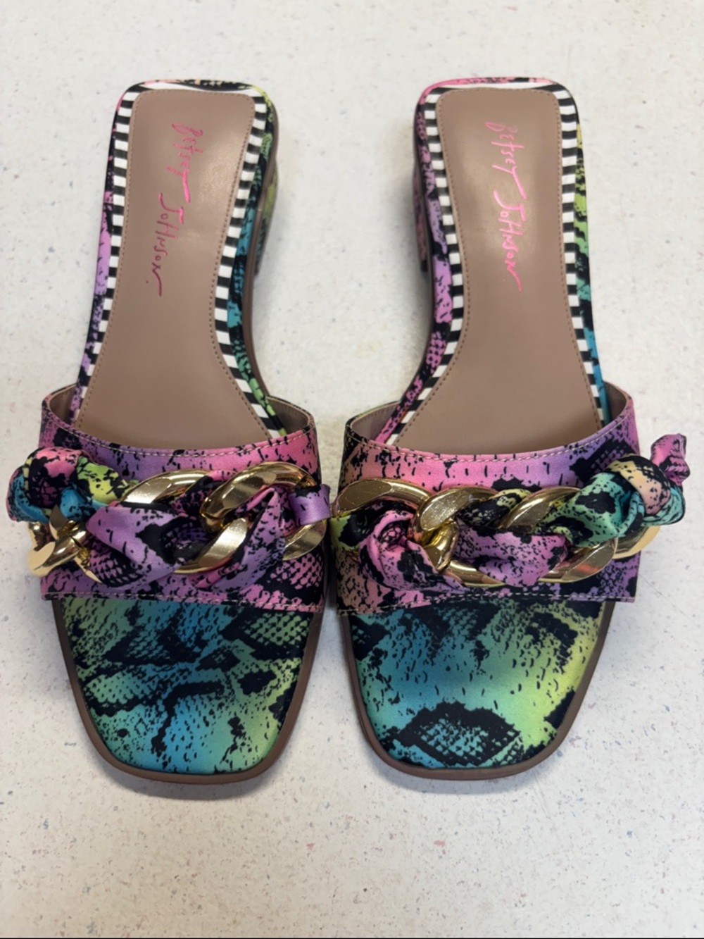 Betsey Johnson Multicolor Snake-Print Chain Slide Mules - Pink/Green/Blue